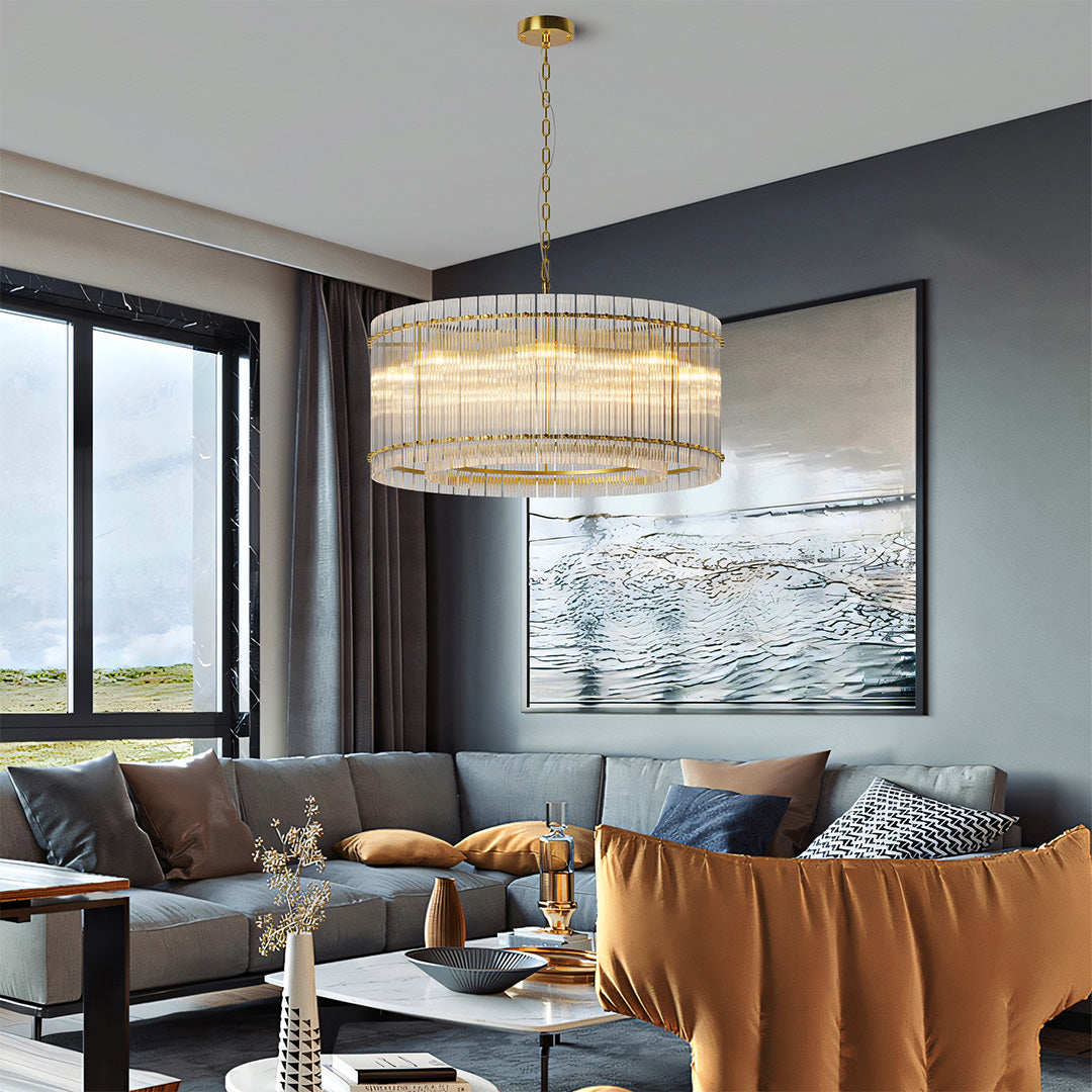 Luxurious gold glass lamp shade chandelier suspended in a classic dark-paneled dining room.