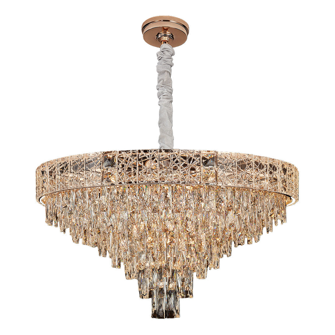 Luxury large chandelier crystals with cascading golden crystals and bronze base.