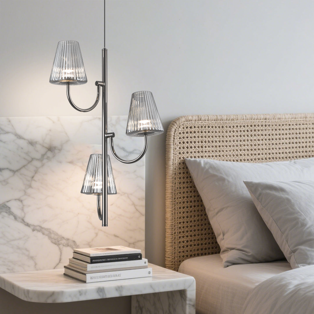 Luxury hotel-style minimalist-pendant light with textured glass shade providing warm ambient illumination