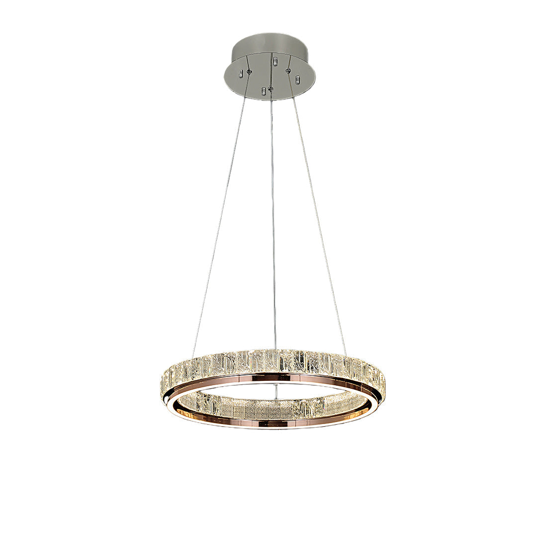 Luxury modern chandelier featuring a circular design with gold and crystal details.
