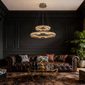 Luxury modern chandelier in a modern dining room with large windows, offering a stylish focal point.