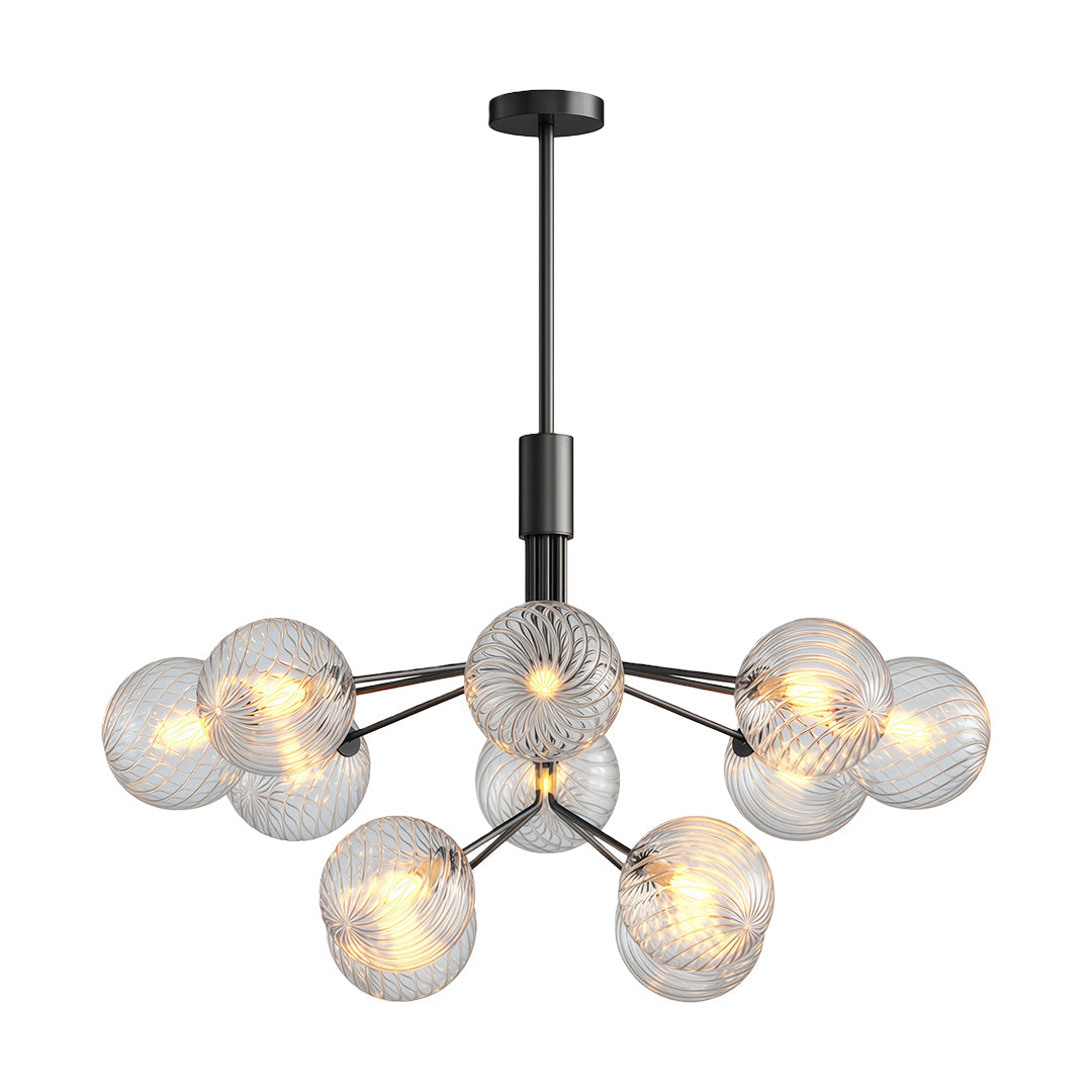Luxury modern chandeliers with a silver frame, suspended above a dining table in a modern setting.