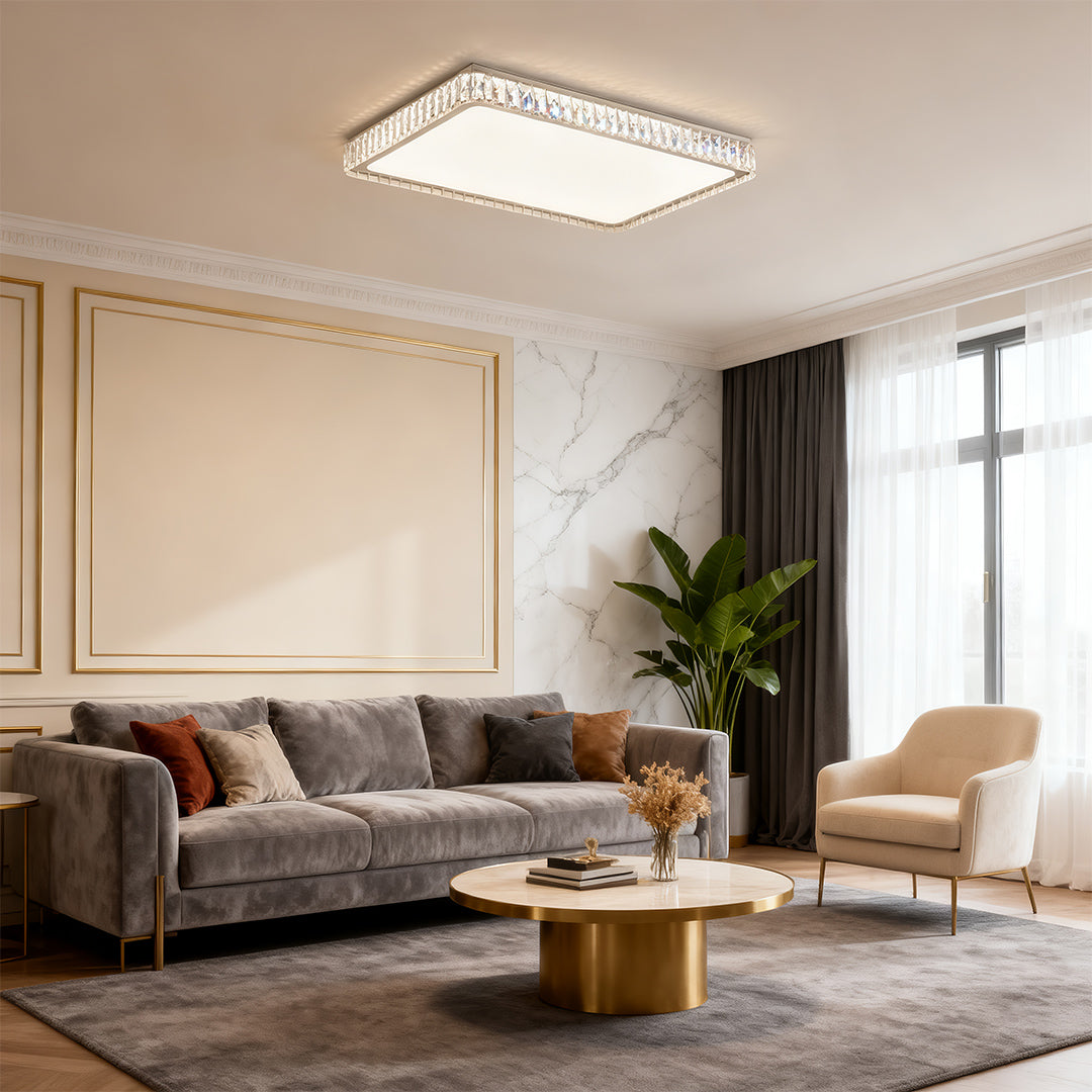 Square modern crystal flush mount lighting fixture enhancing a luxurious open-plan living and dining area.