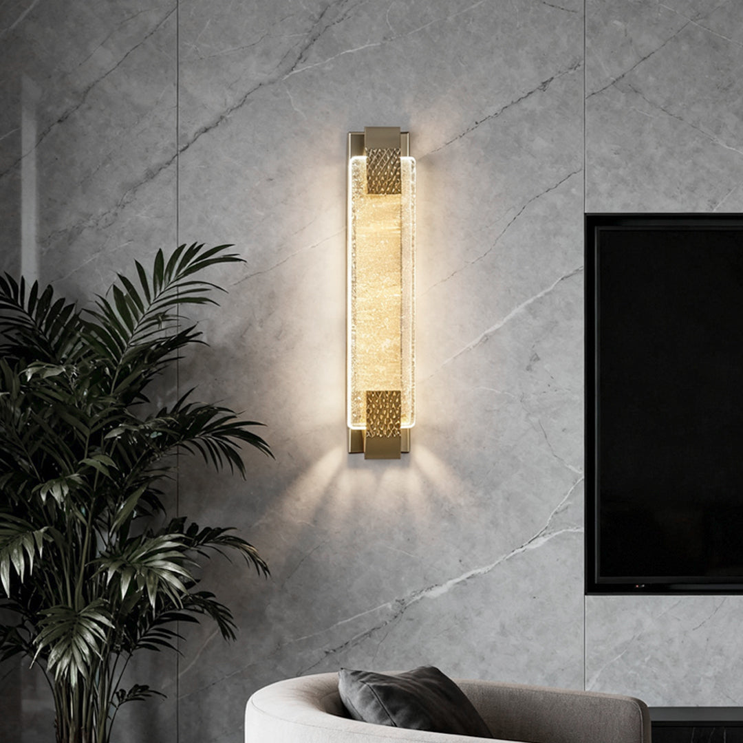 Luxury modern wall lights living room in a living room, featuring a sleek gold frame and sparkling crystal glass.