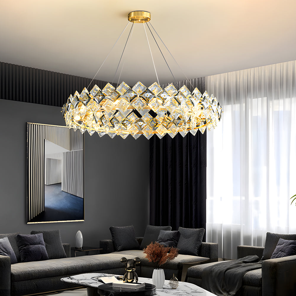 Luxury ring chandelier light enhancing a contemporary dining area with sparkling, geometric design.