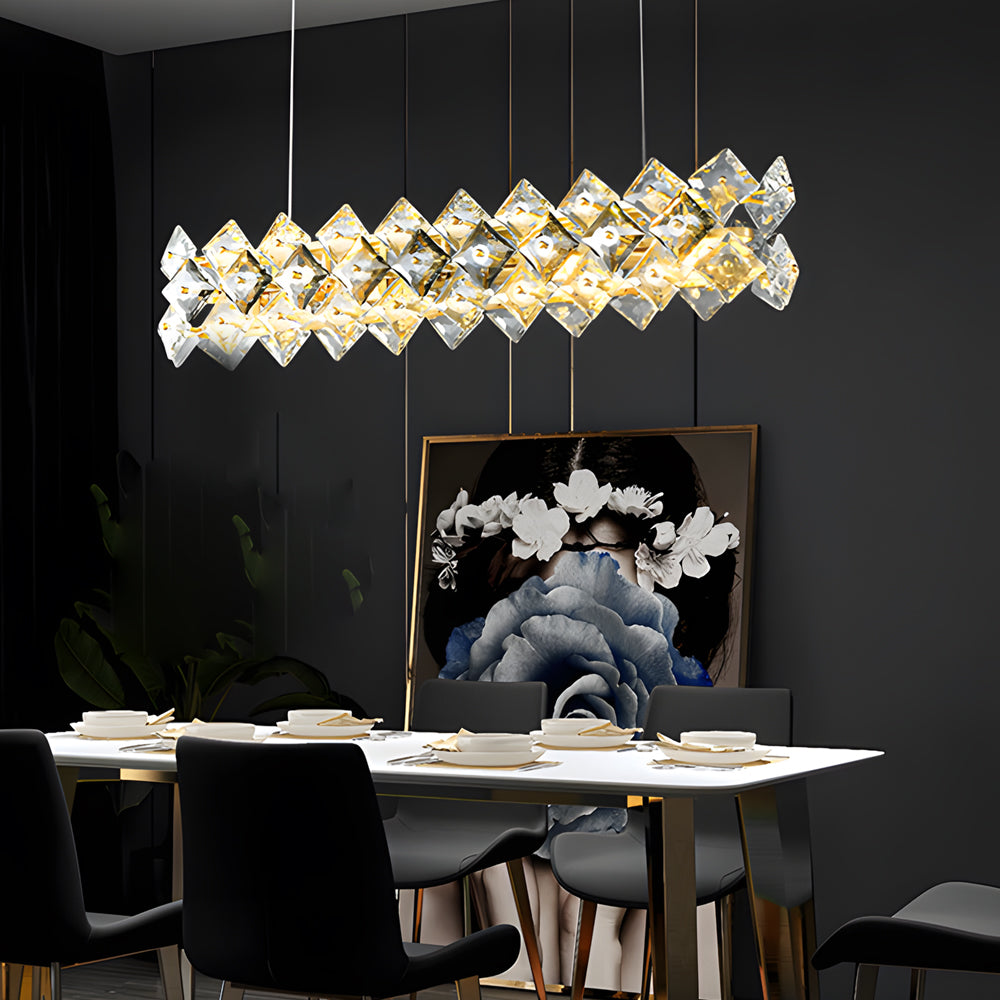 Luxury ring chandelier light casting a gentle glow in a chic dining room.