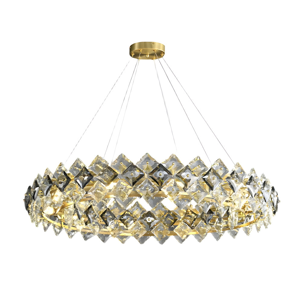 Luxury ring chandelier light in gold, side view of the geometric design.
