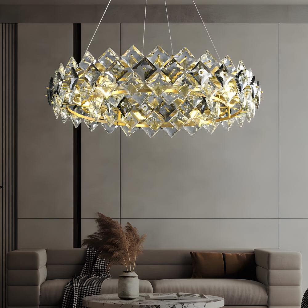 Luxury ring chandelier light illuminating a modern lounge with ambient light.