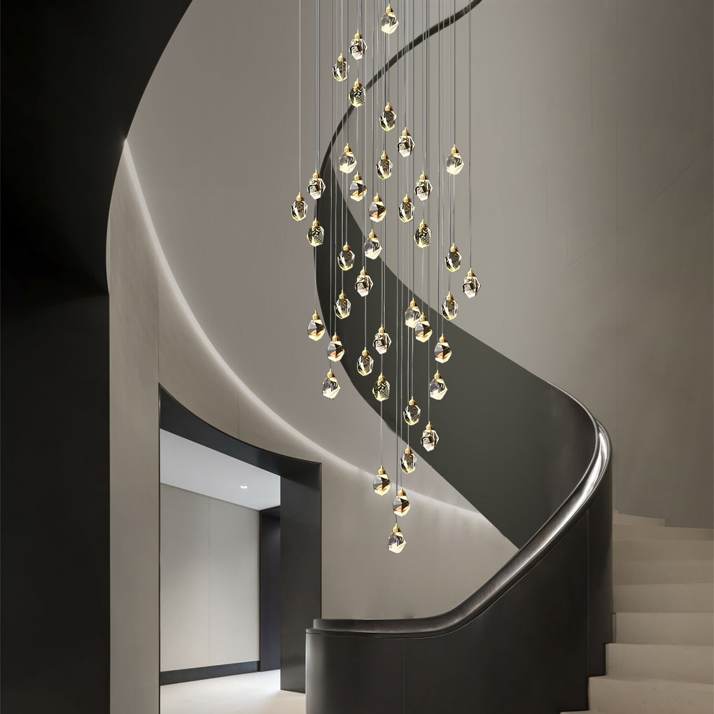 Luxury staircase chandelier illuminating a modern staircase with its sleek and elegant design.