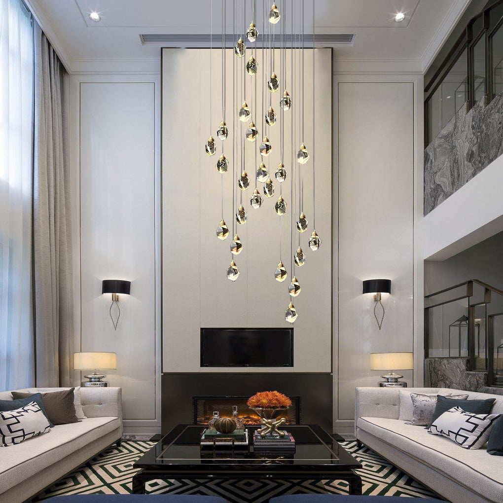 Luxury staircase chandelier with multiple tiers of crystal droplets, adding glamour to a spiral staircase.