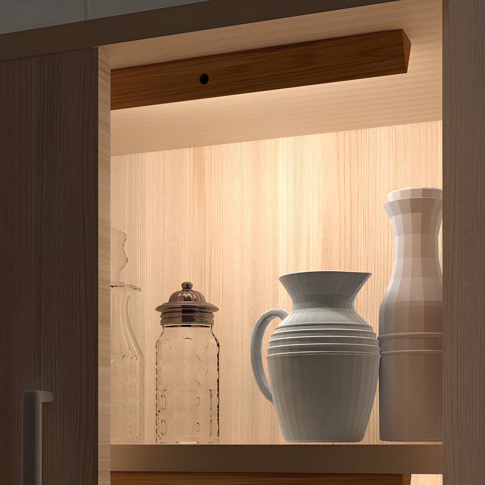 Magnetic motion sensor light with a close-up view of its sleek wooden design.