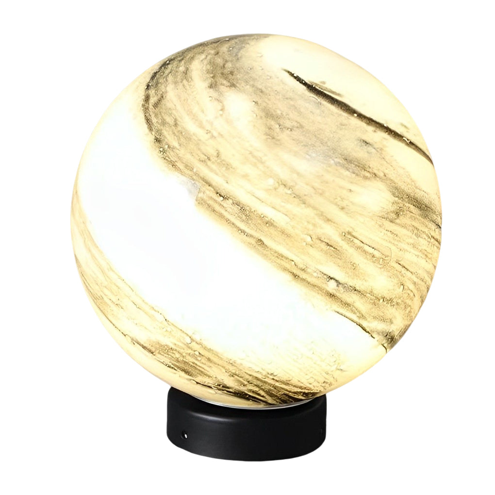 Globe pillar lights with marble texture on black base.