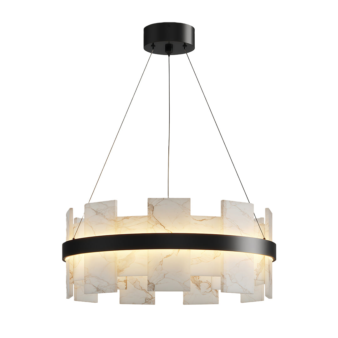 Modern luxury chandeliers in matte black with architectural acrylic element arrangement