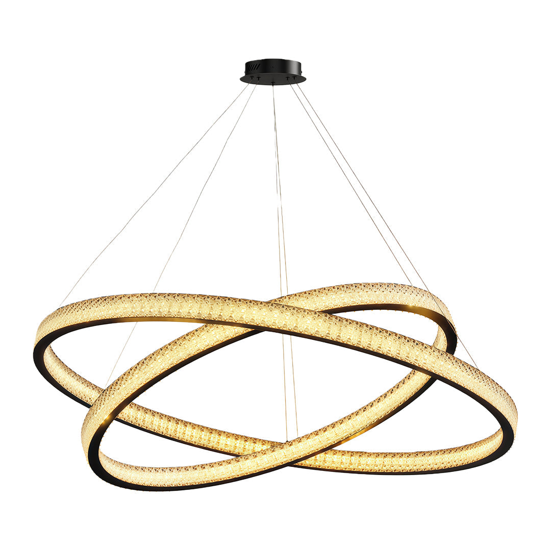 Modern luxury chandeliers in matte black with dramatic intersecting crystal ring arrangement