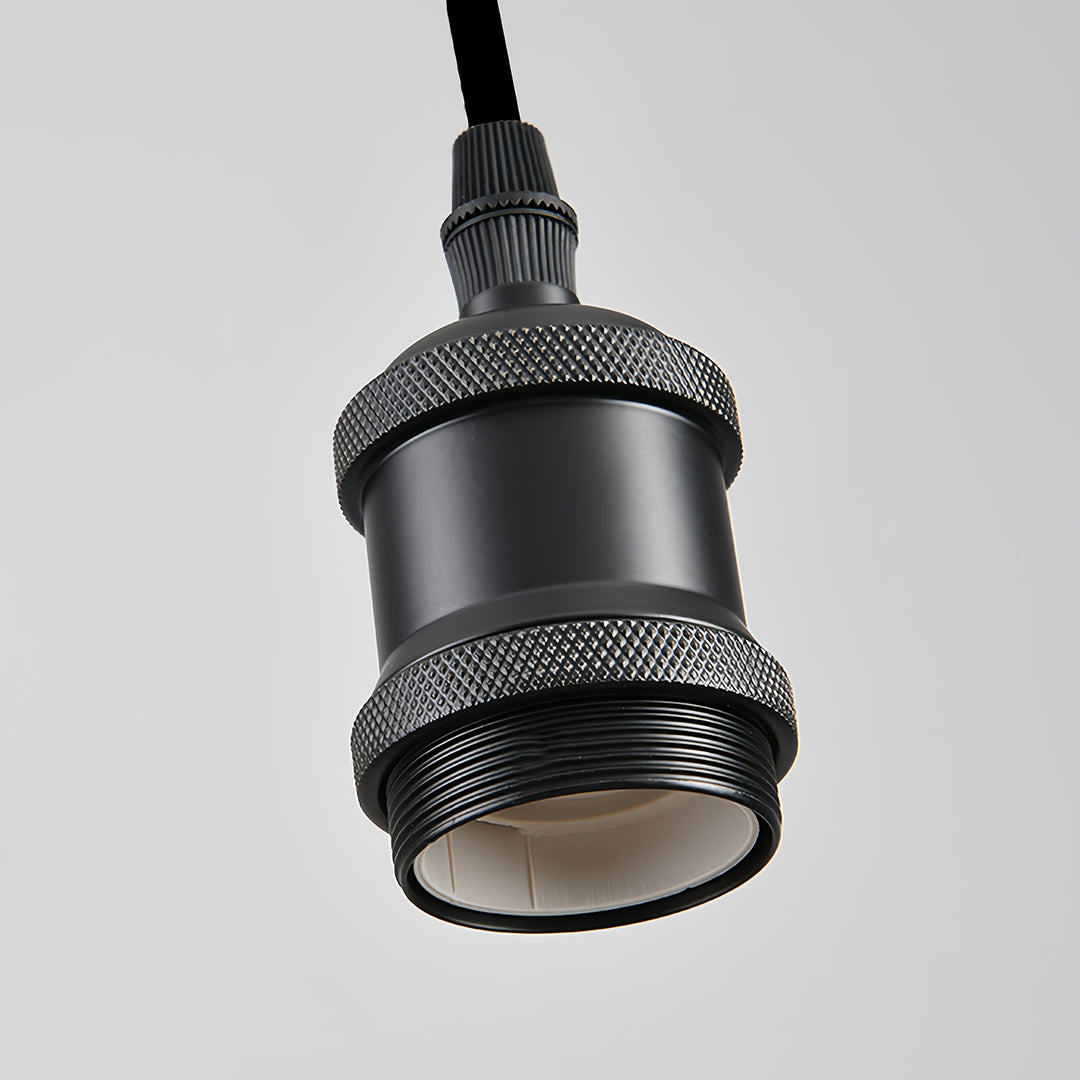 Detailed black matte lamp holder and socket for fun pendant lights, showing the knurled metal texture.