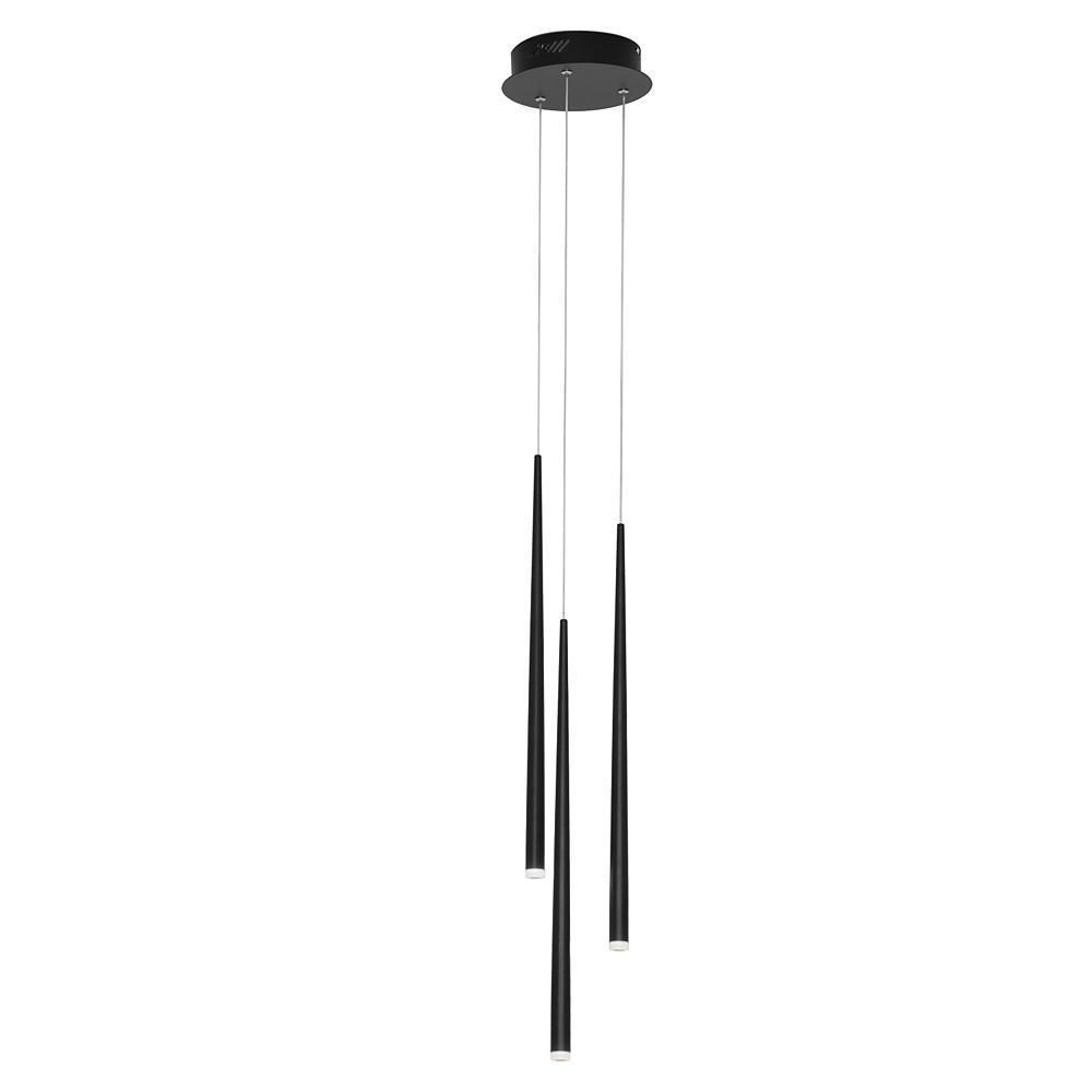 Trio of matte black multi head pendant lights staggered heights on a pure white background set.