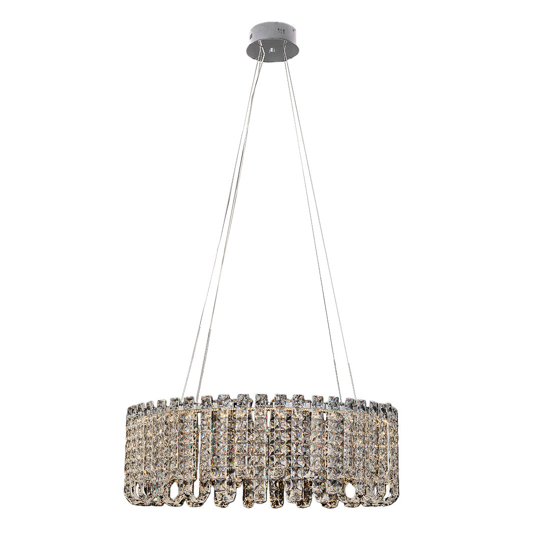 Medium round crystal chandelier modern with layered gold rings and clear crystals.