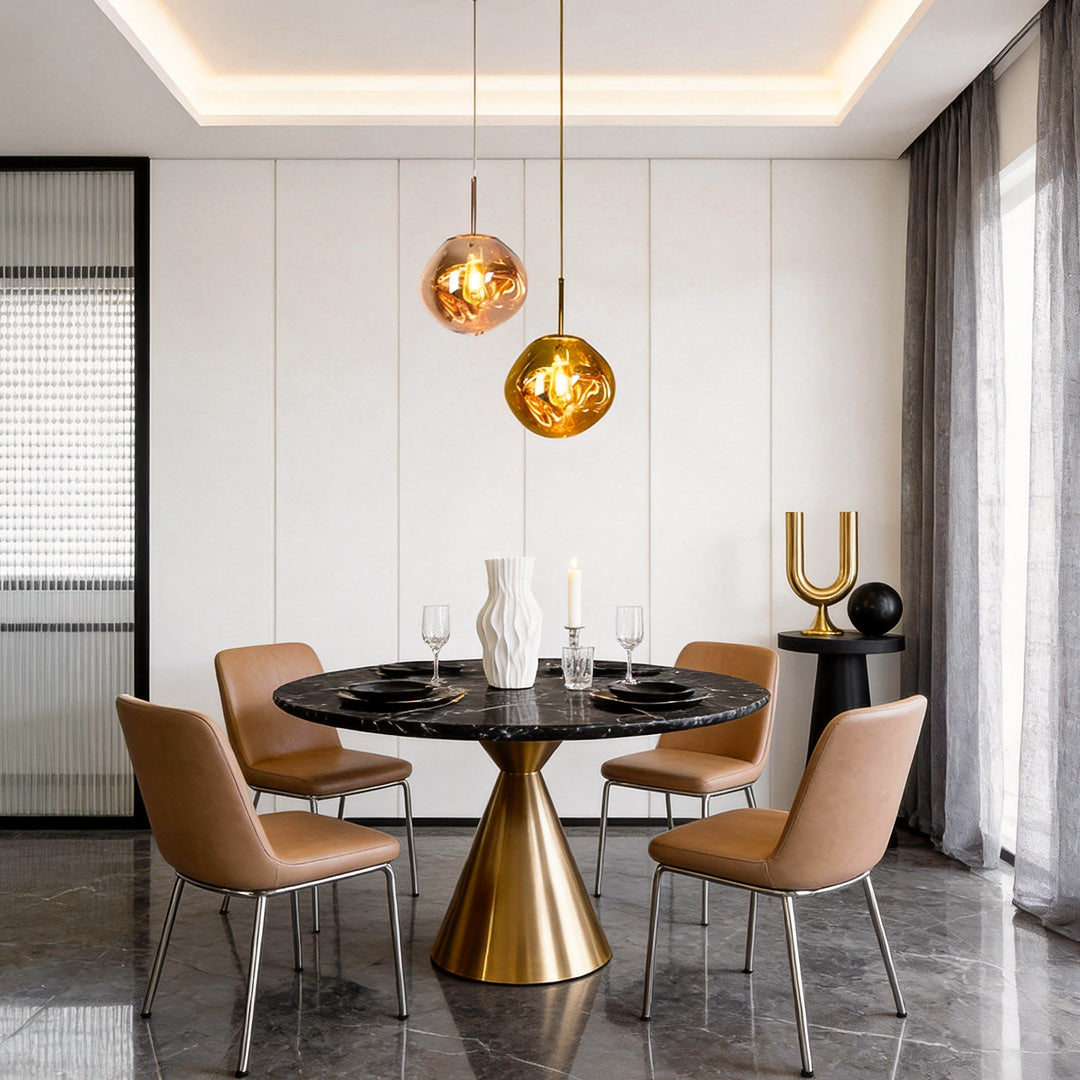 Melt pendant light hanging above a modern dining table