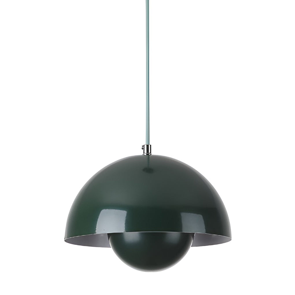 Metal dome pendant light in dark green, isolated on white background.