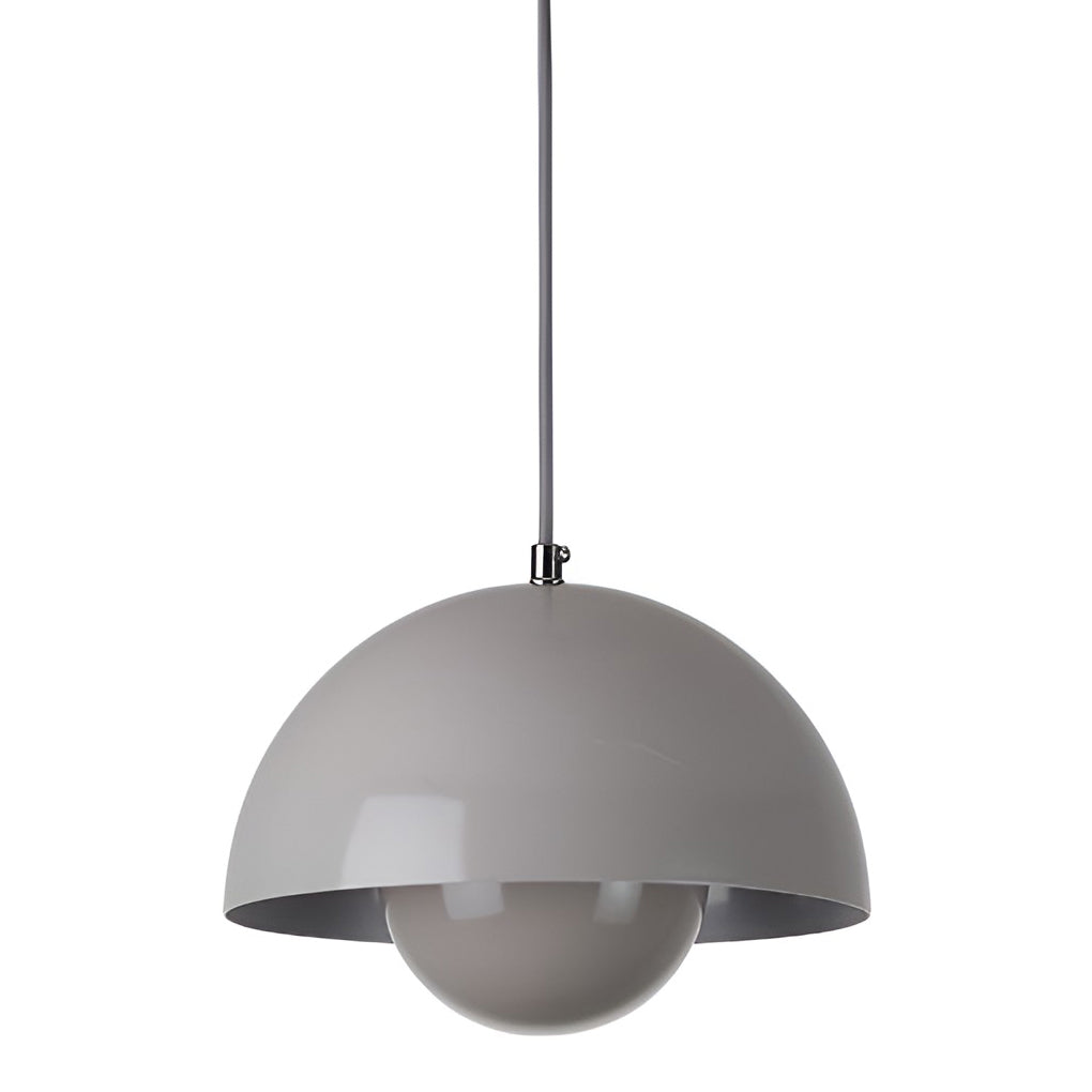 Metal dome pendant light in gray, isolated on white background.