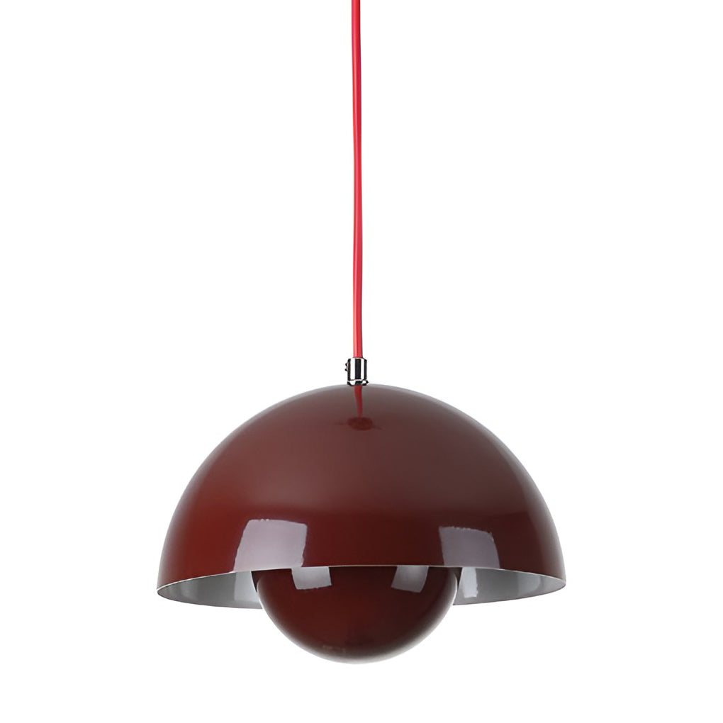 Metal dome pendant light in maroon, isolated on white background.