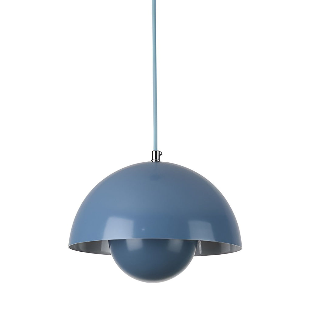 Metal dome pendant light in pastel blue, isolated on white background.