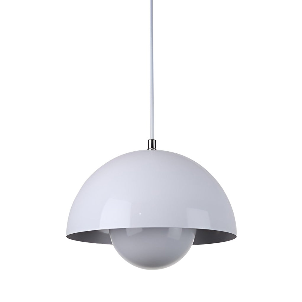 Metal dome pendant light in white, hanging against white background.