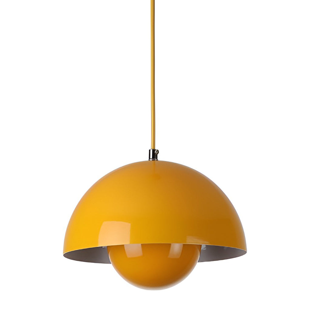 Metal dome pendant light in yellow, isolated on white background.