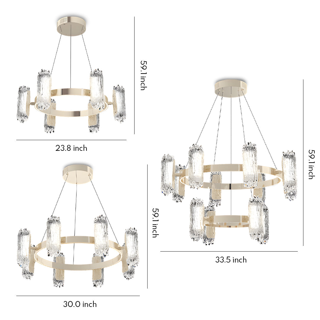 Multiple metal modern chandelier designs displaying circular ring formations with crystal glass accents in champagne finish