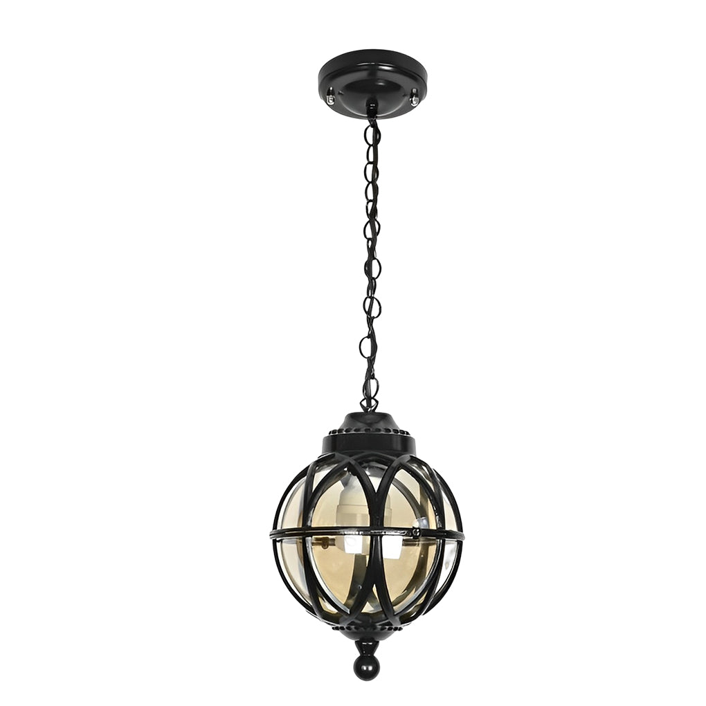 Ceiling mount detail of a metal orb pendant light, displaying mounting plate, wiring, and hardware components.
