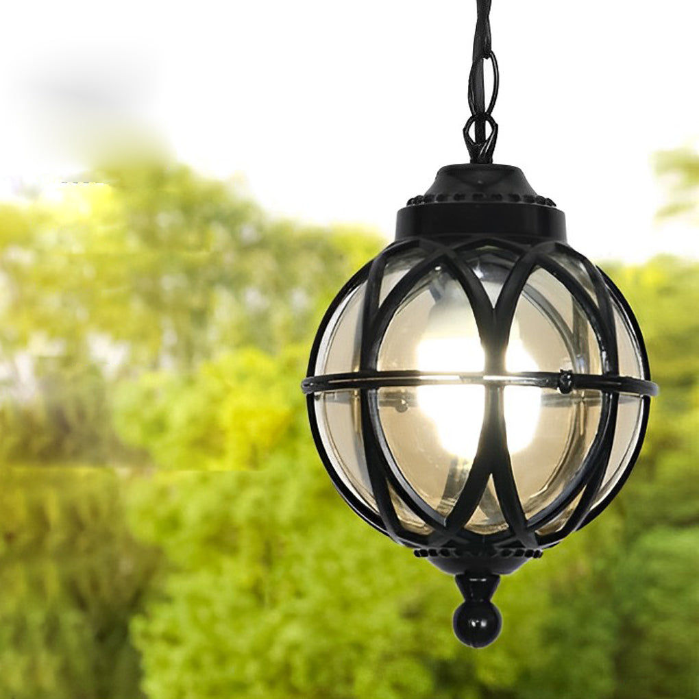 Close up view of a metal orb pendant light with glass shade, suspended outdoors against a green garden background.