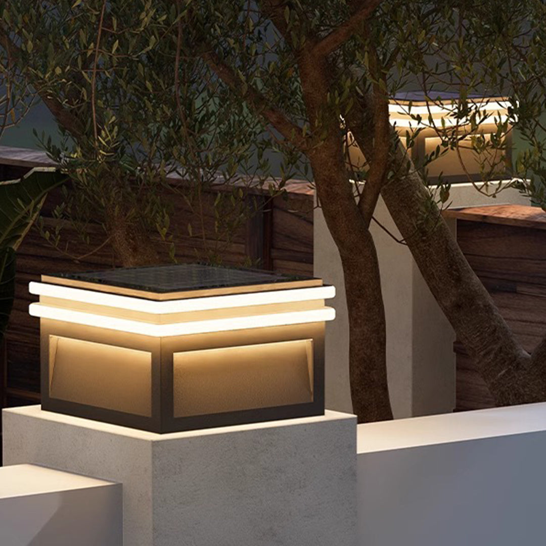 Metal pillar lights with a close up view, showcasing the sleek and durable design.