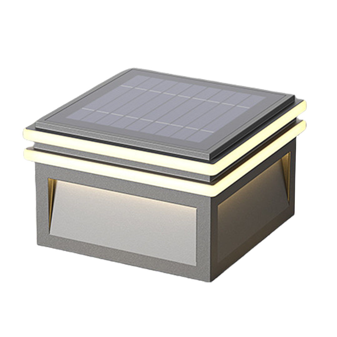 Metal pillar lights with a close-up of the solar panel, highlighting eco-friendly features.