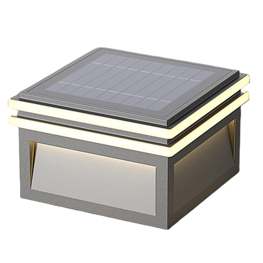 Metal pillar lights with a minimalist and geometric design, enhancing outdoor aesthetics.