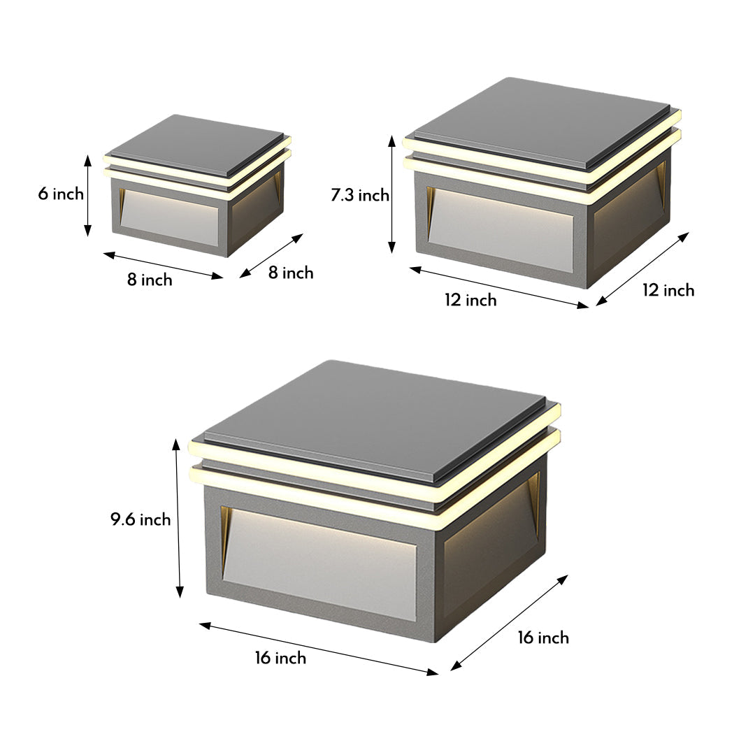 Metal pillar lights in three sizes, providing flexible options for outdoor illumination.