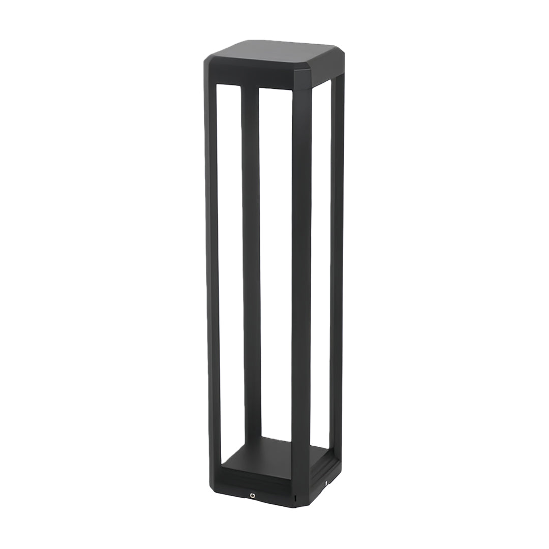 Metal solar pathway lights close-up, showcasing the sleek metal frame and solar panel.