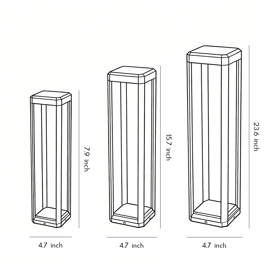 Metal solar pathway lights in three different sizes, illustrating versatile outdoor lighting options.