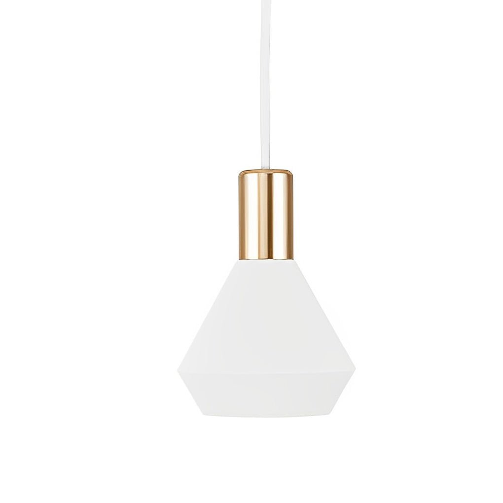 Single mini hanging pendant lights displayed against a white background, emphasizing geometric form and minimalist style.
