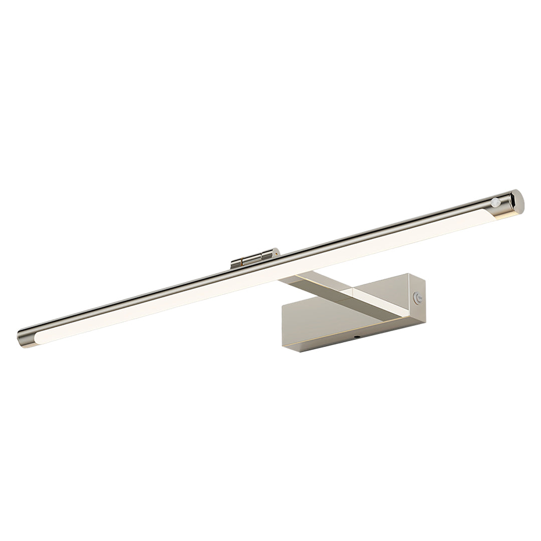 Minimalist modern bathroom vanity light with satin nickel mounting plate and linear LED strip