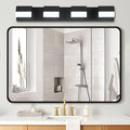 Minimalist black vanity lighting for bathroom featuring glass shade chandelier inspired bar design framing modern mirror.