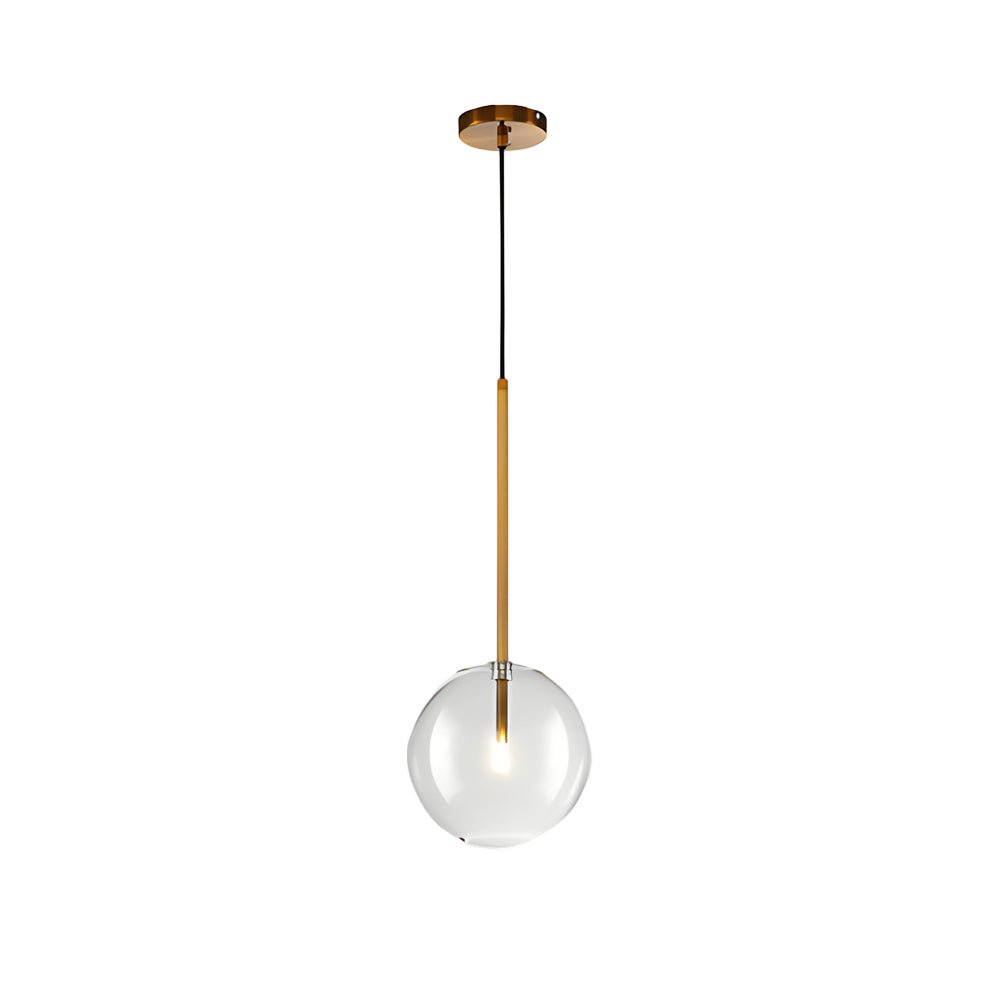 Clear glass globe pendant light with a minimalist golden base, adding an elegant shine to modern spaces.