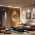 Minimalist flush mount spotlights with glass shade chandelier styling providing subtle illumination in neutral-toned living room space.