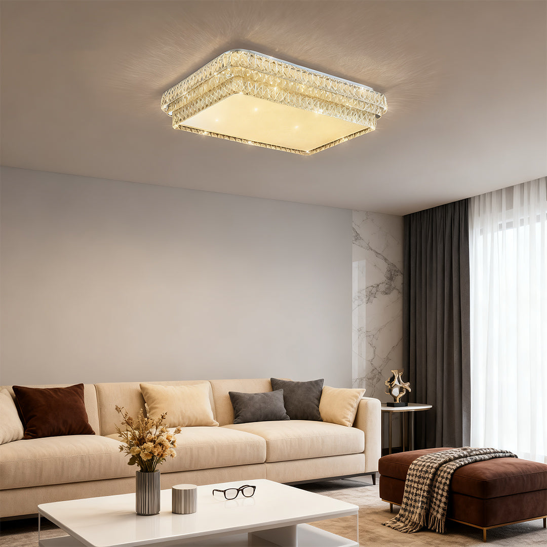 Minimalist flush mounted LED lights with glass shade chandelier styling providing clean illumination in modern kitchen space.