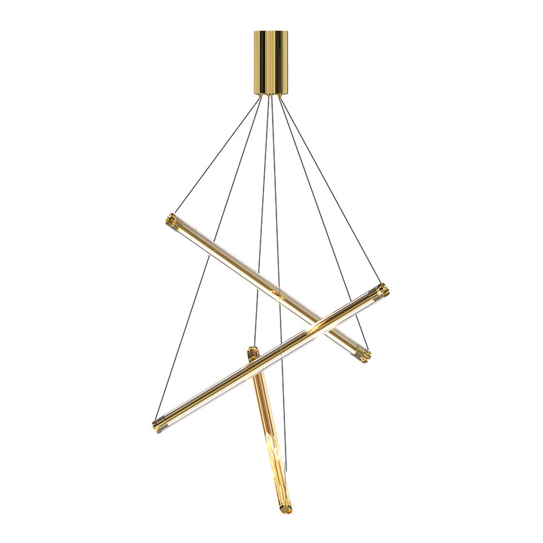 Minimalist LED linear chandelier with gold bars and cables, hanging in a modern bathroom with white tiles and glass partition.