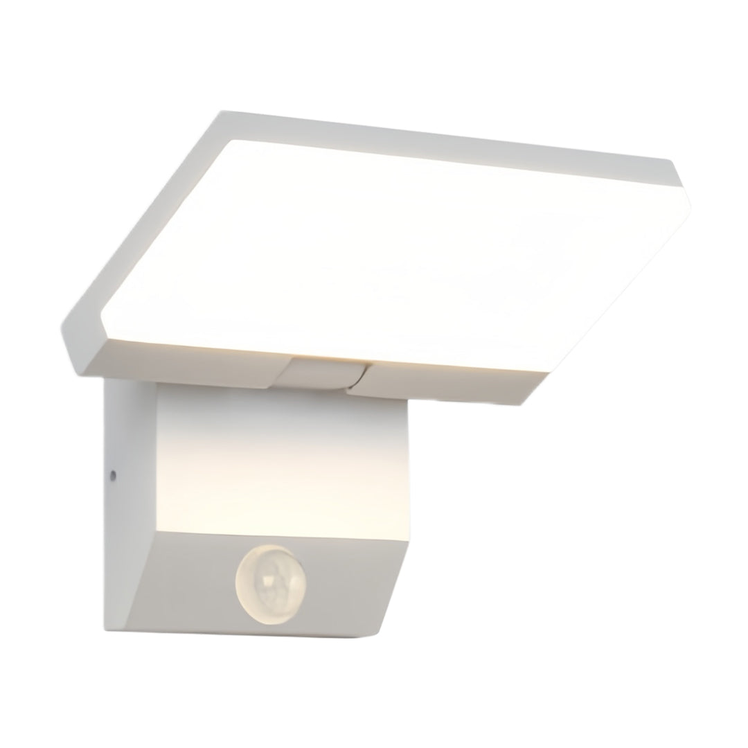 Minimalist industrial wall light in white with integrated motion sensor and rectangular form