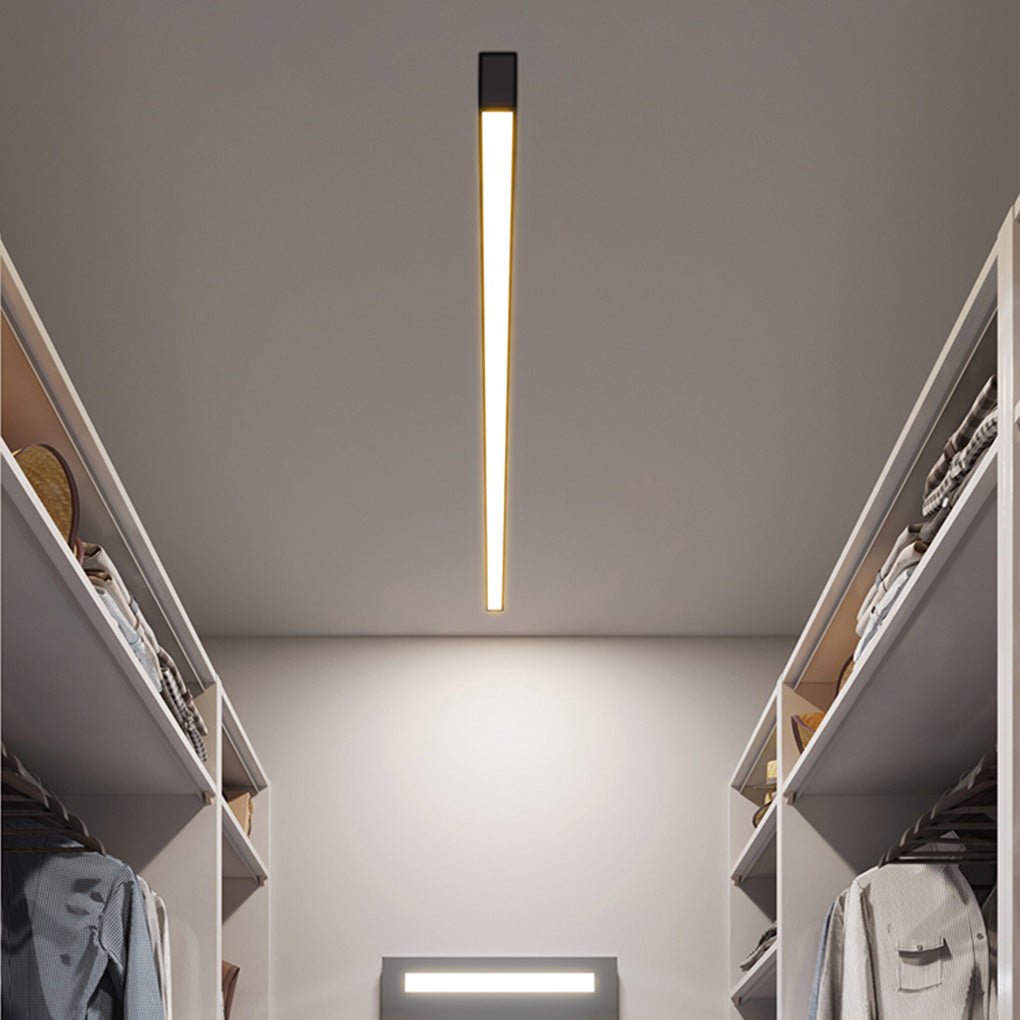 Minimalist linear ceiling light centered in narrow ceiling passage.