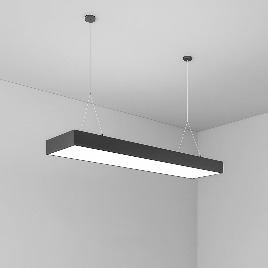 Long rectangular chandelier with a minimalist design, perfect for large open spaces or work areas.