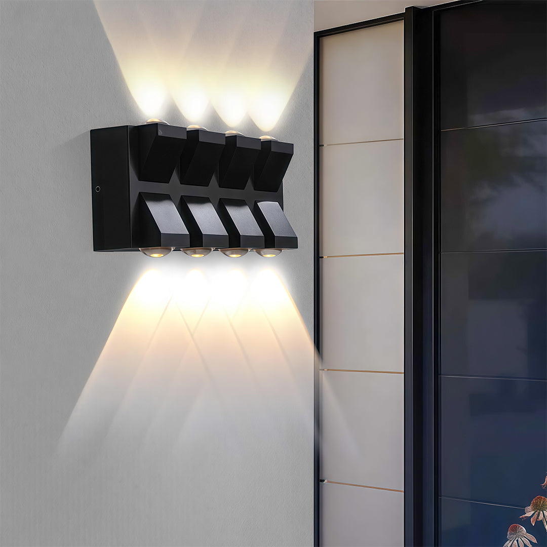 Minimalist outdoor wall lights black with glass shade chandelier design providing clean uplighting and downlighting on modern exterior.