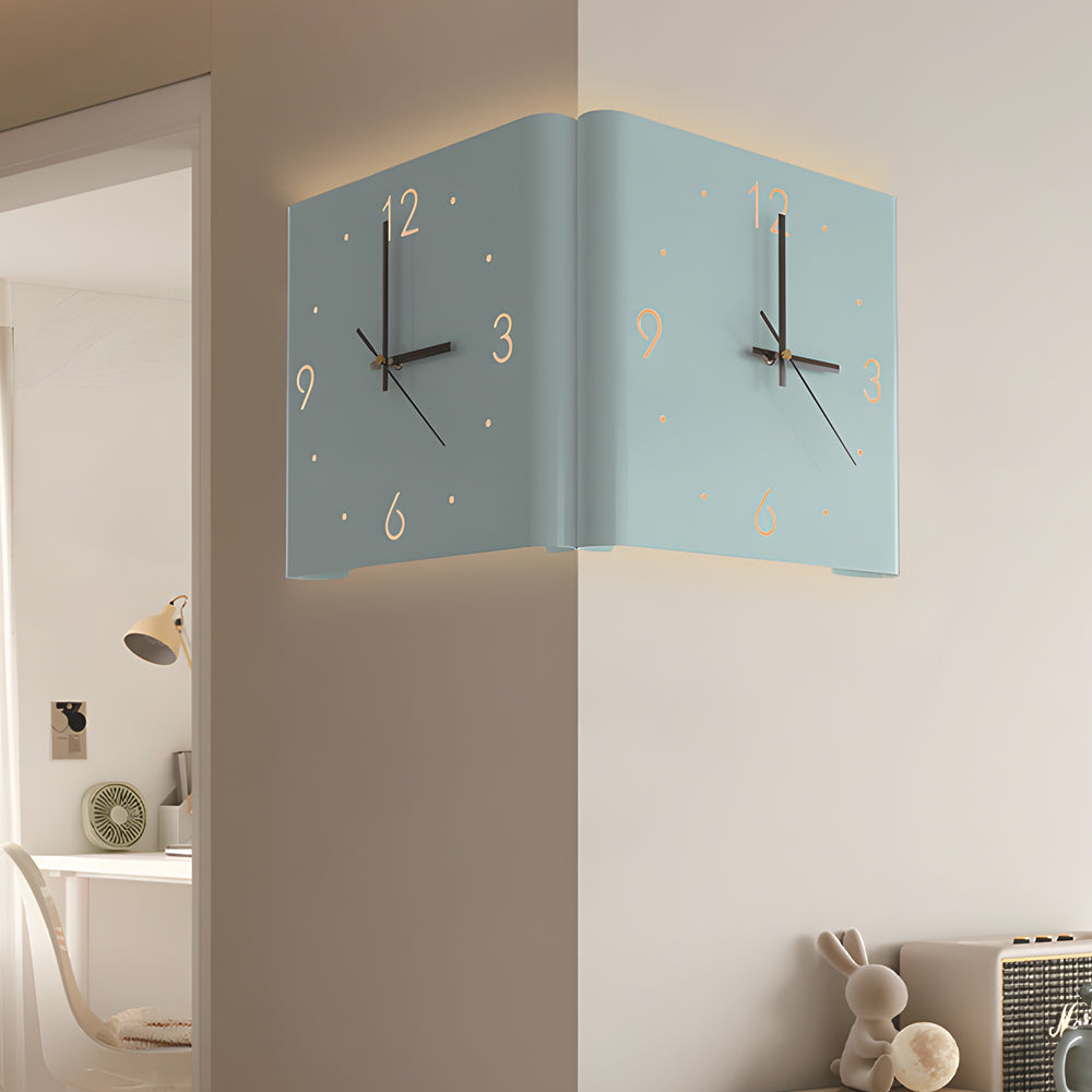 Minimalist pastel blue wall clock lamp with integrated LED lighting