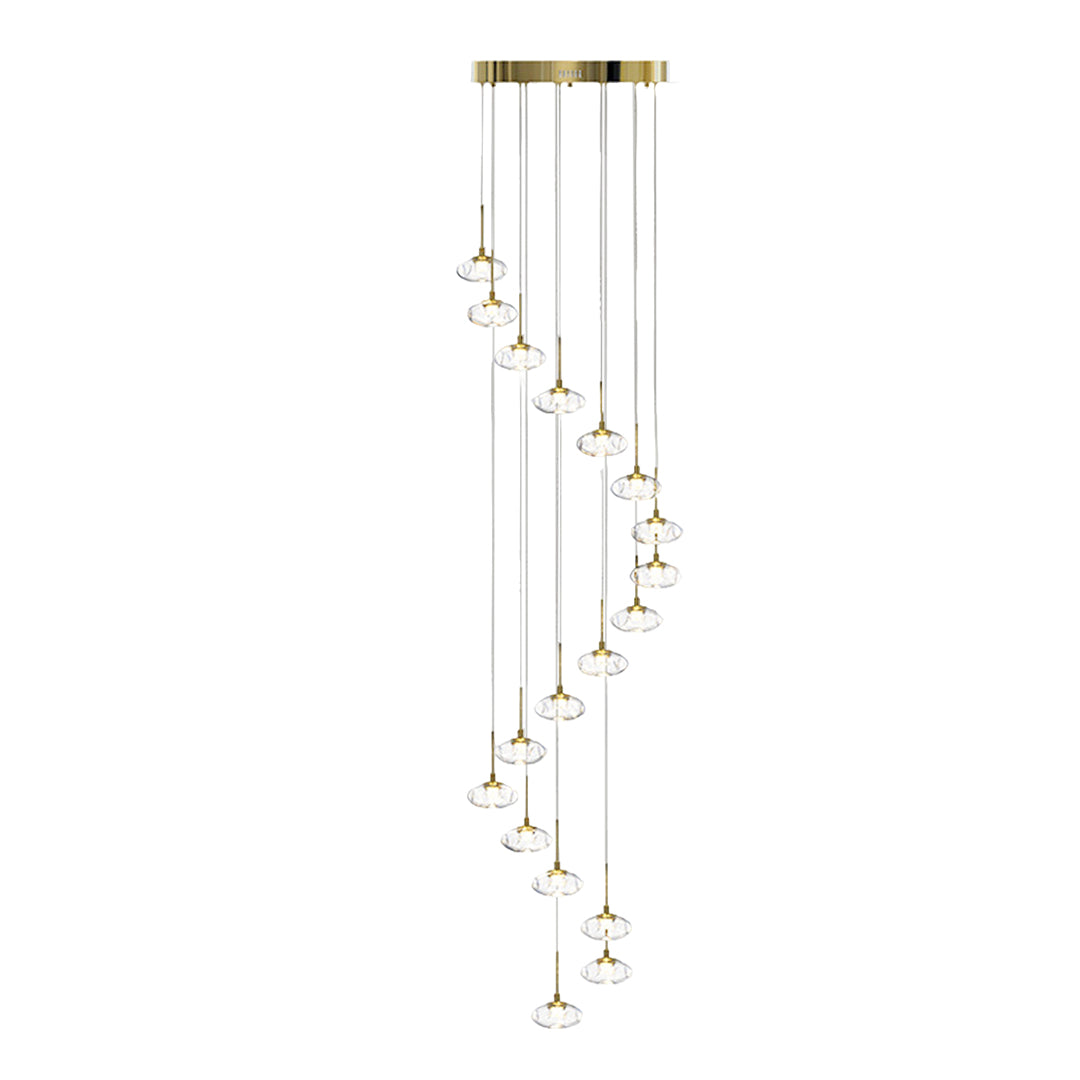 Designer chandelier for tall ceilings with mixed finishes displaying glass orb pendants in modern vertical formation